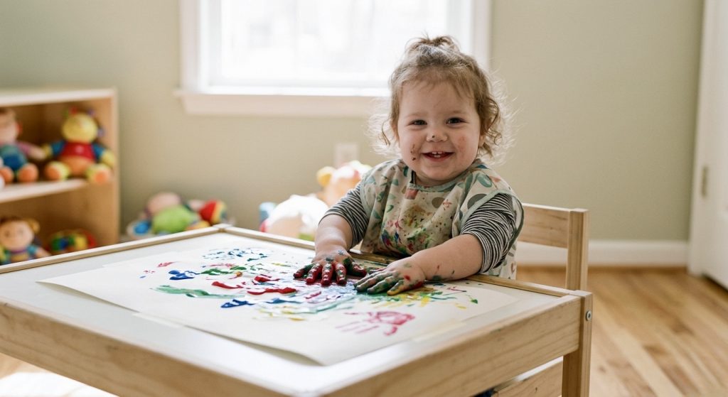 Toddler fazendo pintura a dedo como atividade sensorial para desenvolvimento cognitivo de toddlers
