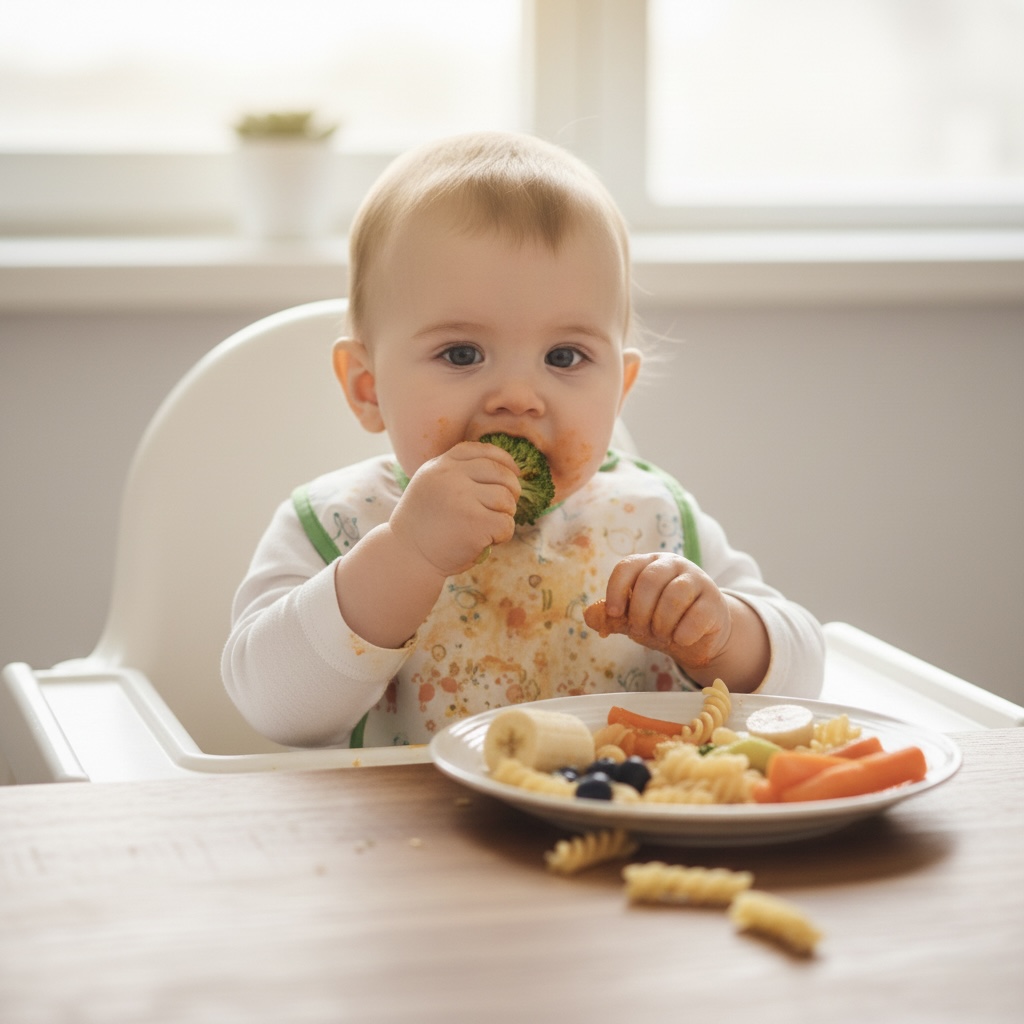 Guia de nutrição infantil mostrando bebê auto-alimentando alimentos de dedo demonstrando marcos de alimentação infantil e independência na nutrição