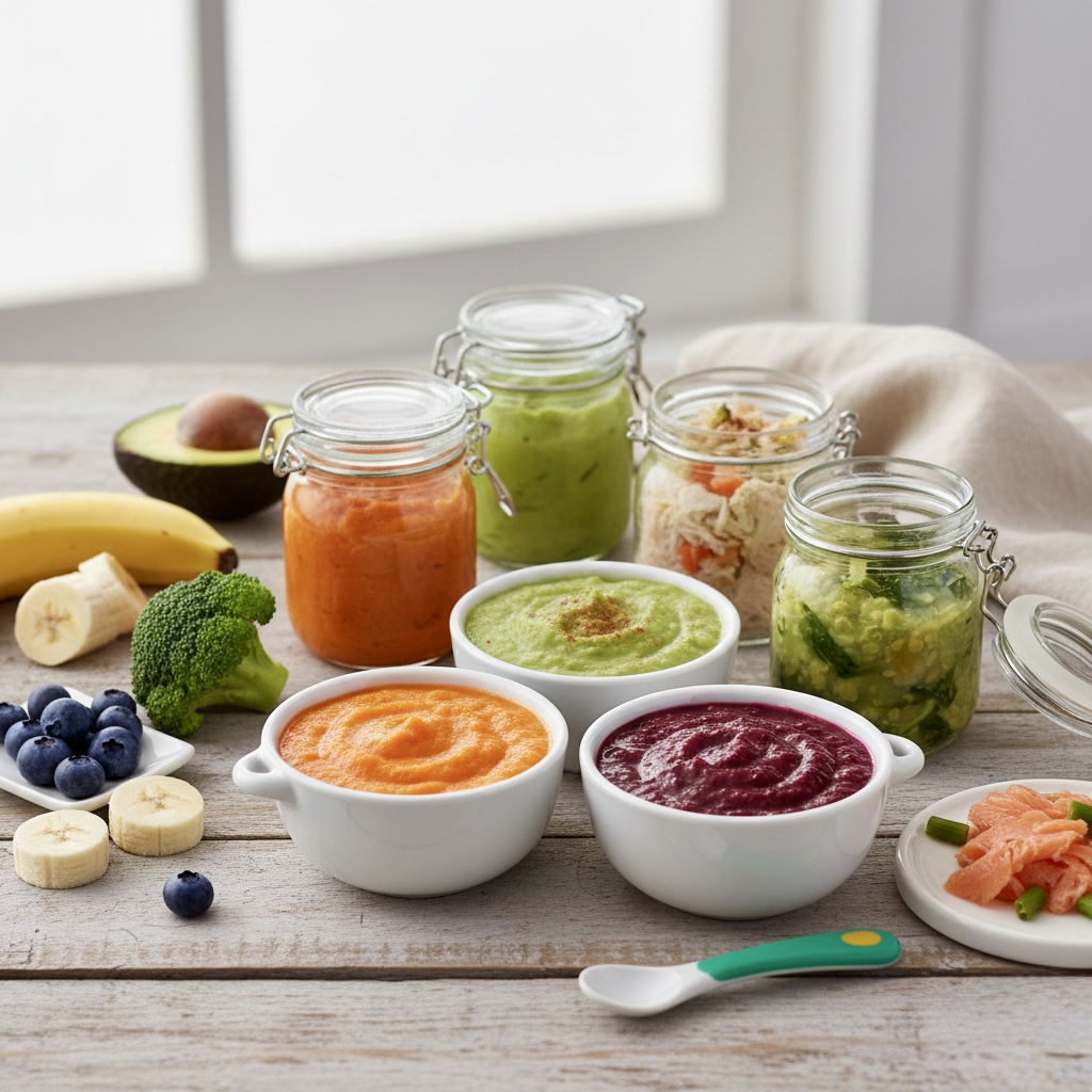 Guia de nutrição infantil apresentando alimentos saudáveis para bebês incluindo vegetais frutas e opções ricas em ferro para nutrição primeiro ano