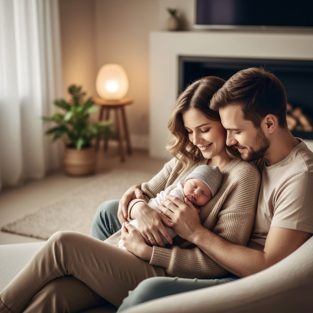 Guia para pais de primeira viagem: pais confiantes praticando técnicas de cuidados com o recém-nascido.