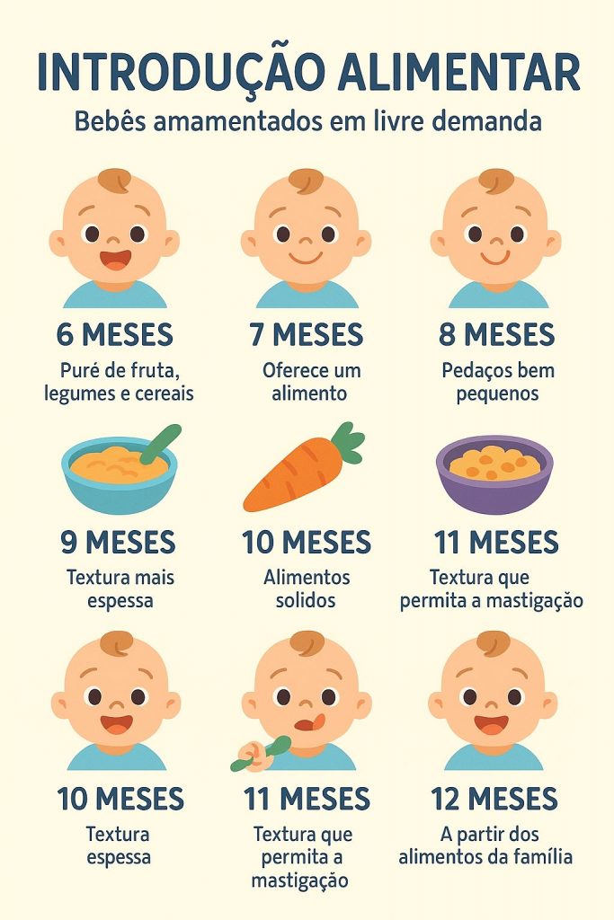 Guia de nutrição infantil apresentando cronograma de alimentação de bebês do nascimento aos 12 meses com estágios de introdução alimentar