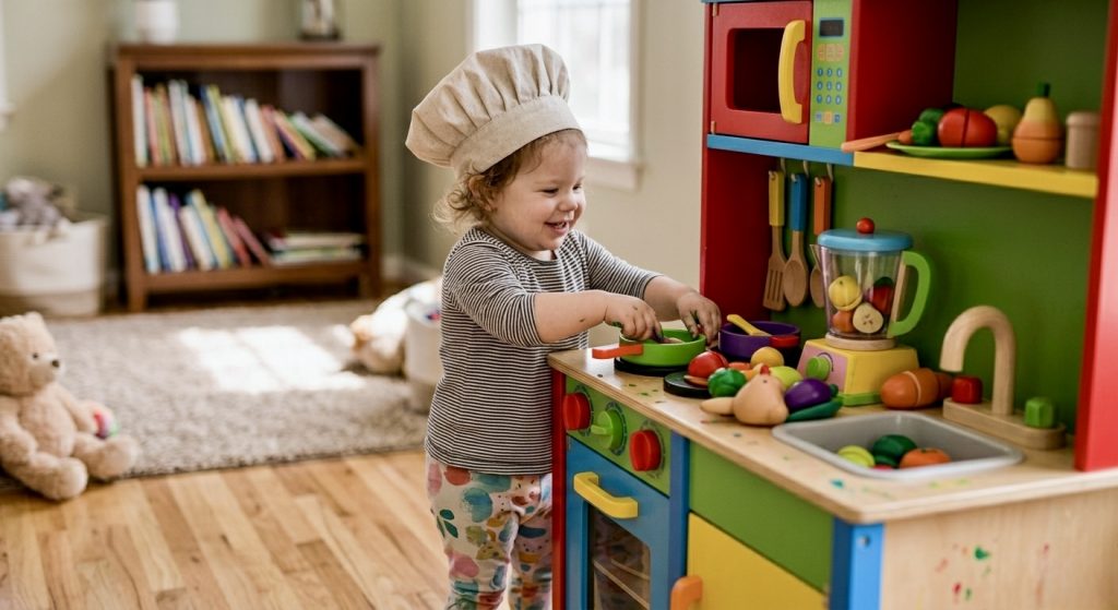 Menina toddler brincando de cozinha no faz de conta, atividade essencial para desenvolvimento social e emocional