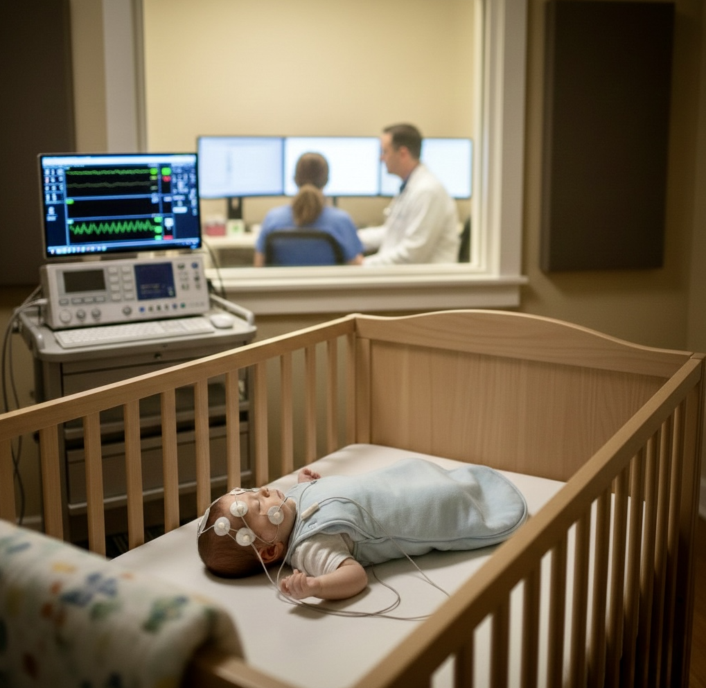 Sintomas de distúrbios do sono em bebês: Configuração de monitoramento do sono infantil mostrando o bebê com equipamentos médicos de avaliação do sono em um ambiente profissional de laboratório do sono para diagnóstico de distúrbios do sono.