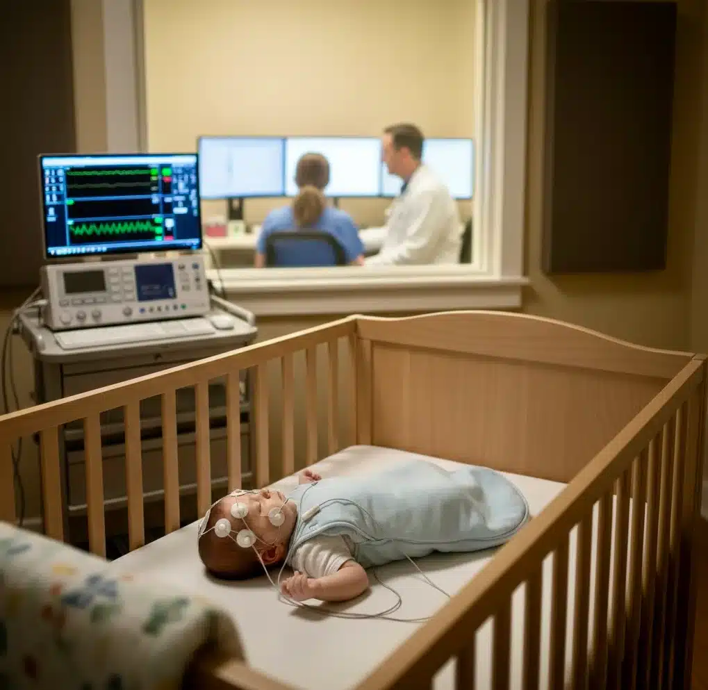 Sintomas de distúrbios do sono em bebês. Configuração de monitoramento do sono infantil mostrando o bebê com equipamentos médicos de avaliação do sono em um ambiente profissional de laboratório do sono para diagnóstico de distúrbios do sono.