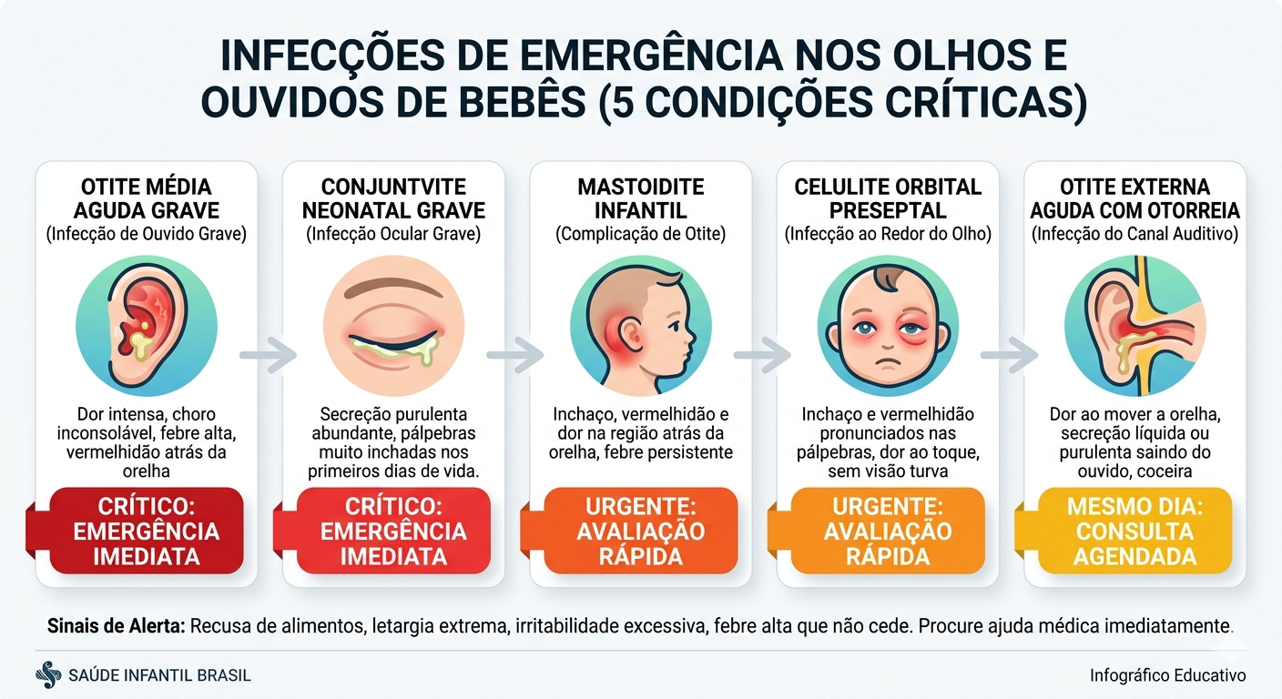 Infográfico das 5 infecções oculares de emergência em bebês com níveis de gravidade e tempo de ação.