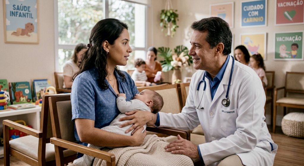 Imagem 2 Mãe com bebê em consulta pediátrica para avaliar infecção ocular de emergência em bebês