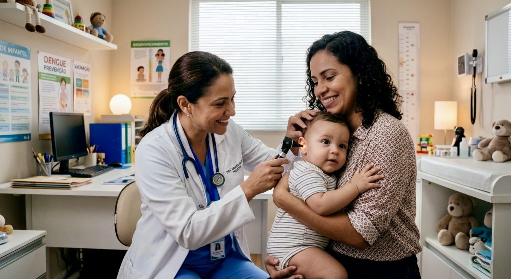 Imagem 4 Pediatra examinando ouvido de bebê para sinais de infecção de ouvido grave em bebês