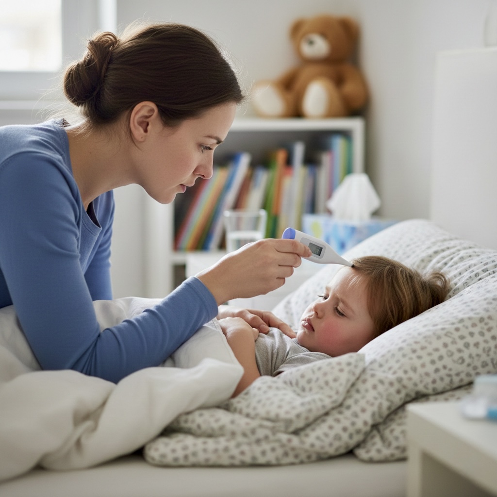 Mãe verifica sintomas de doenças perigosas em criança pequena com termômetro digital.