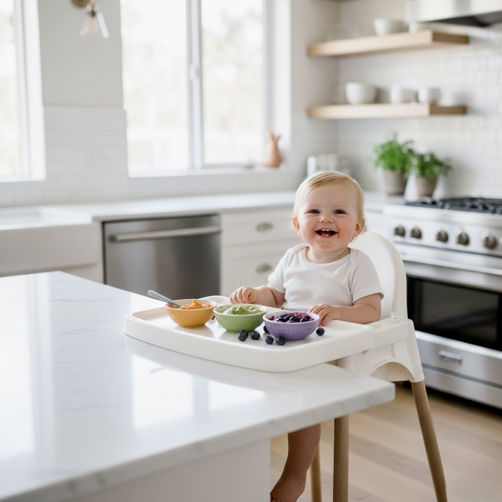 Alimentos saudáveis ​​para bebês, incluindo purês de vegetais e frutas para a nutrição infantil.