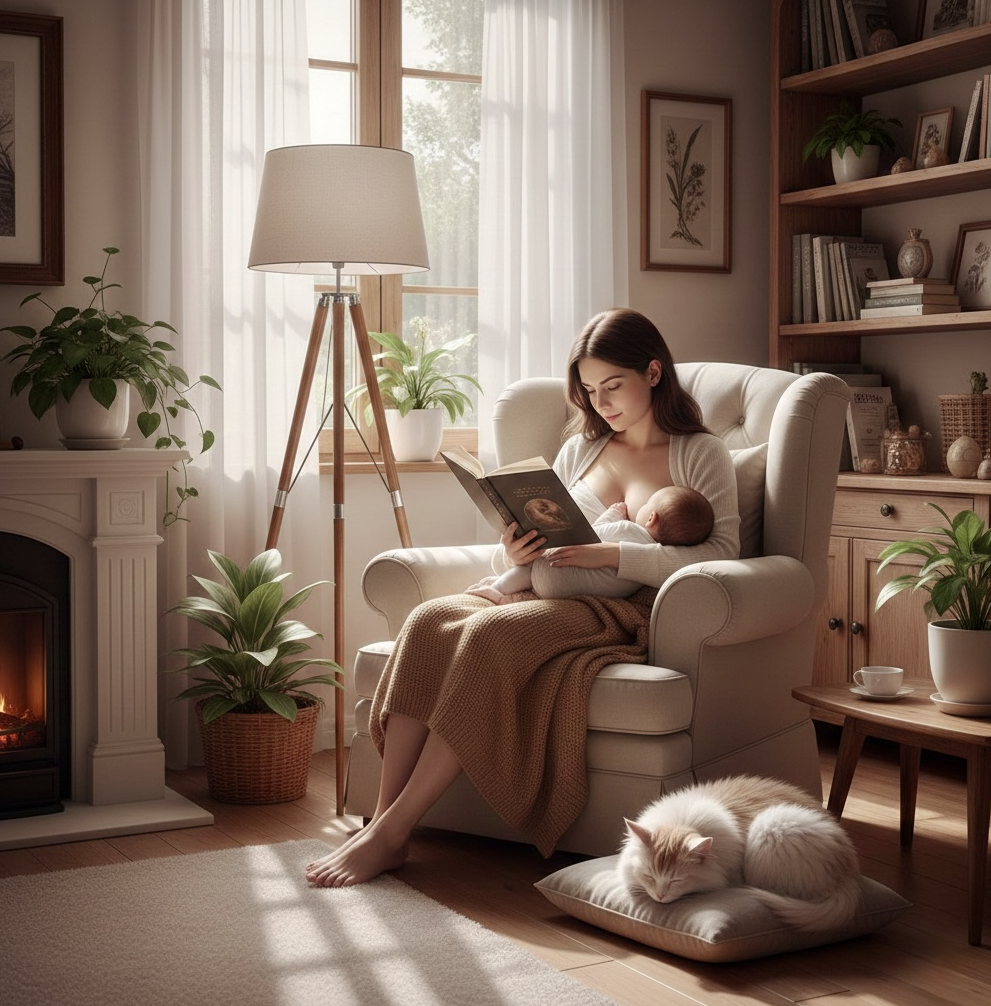 Mãe praticando o crescimento pessoal para pais através da leitura enquanto amamenta o bebê.