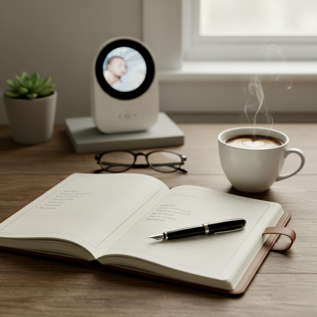 Diário de planejamento para equilibrar o crescimento pessoal para pais com estratégias de autocuidado.