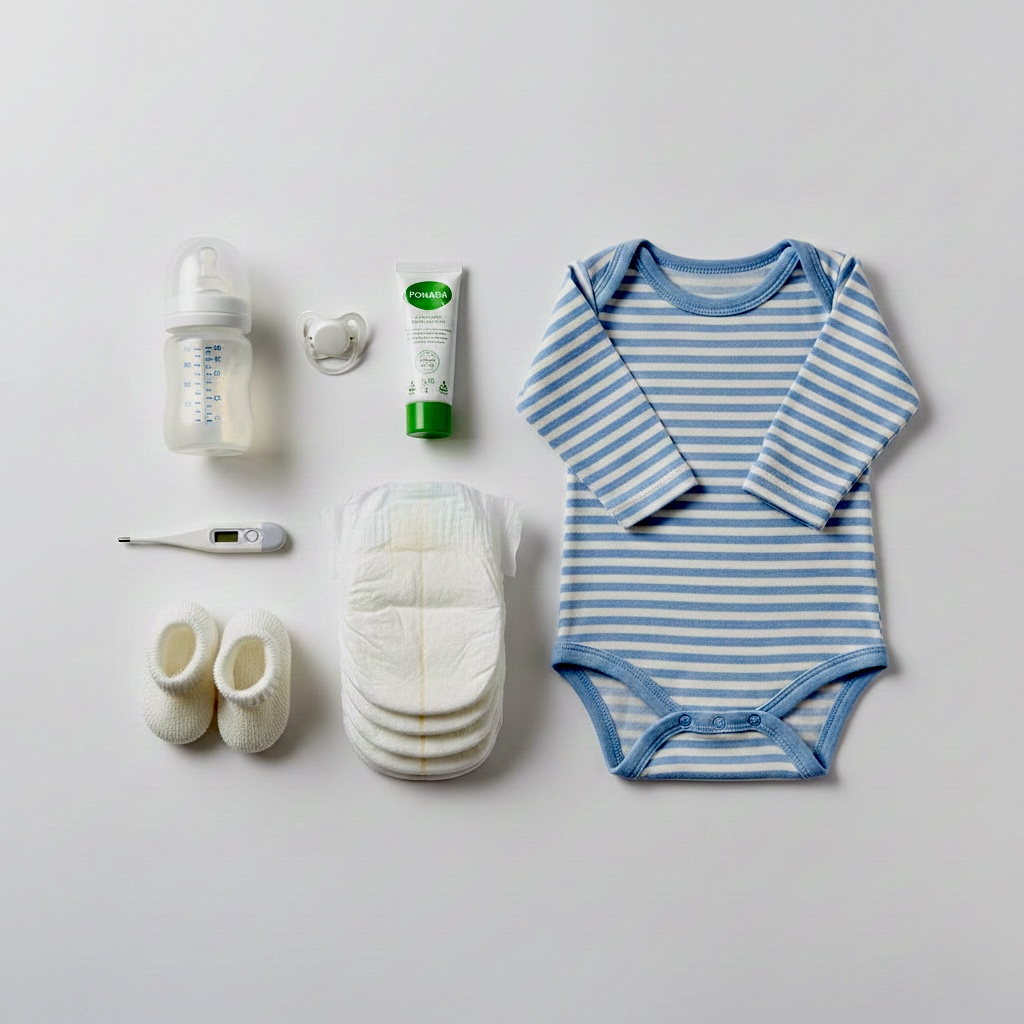 produtos essenciais para bebês organizados sobre fundo branco limpo