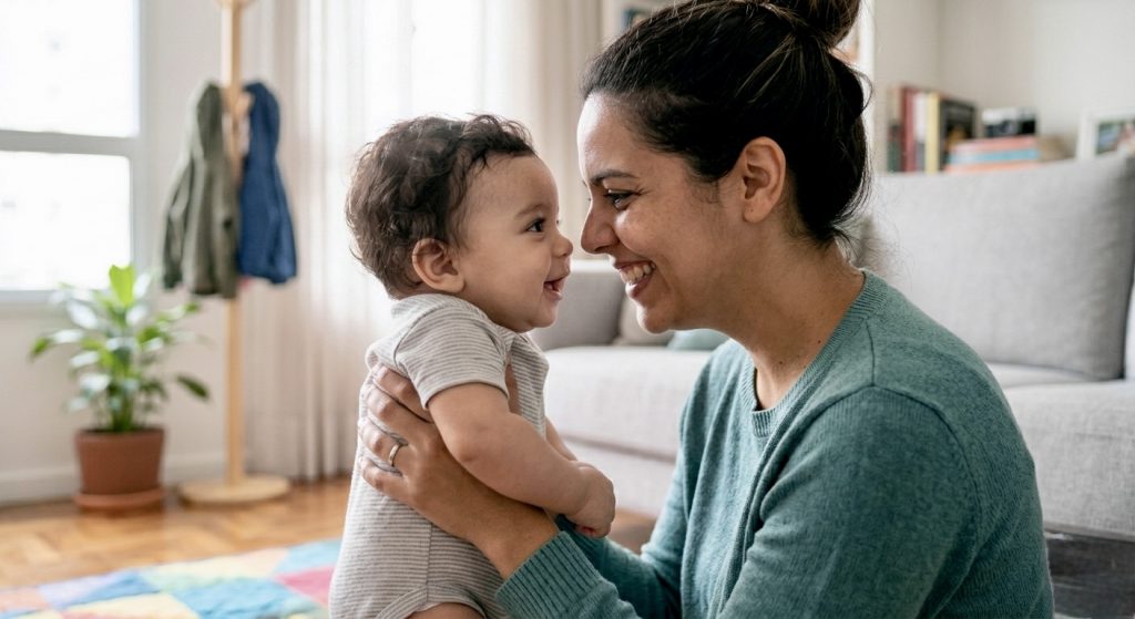 Cuidadora e bebê compartilhando vínculo emocional entre cuidadores e crianças nos cuidados infantis para desenvolvimento saudável.