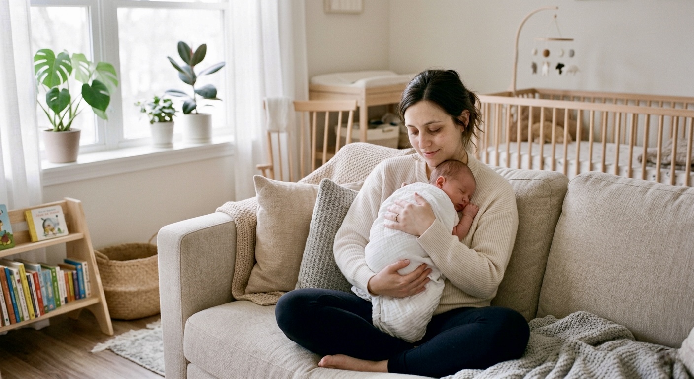 Uma nova mãe segurando seu recém-nascido, representando a experiência emocional do baby blues vs depressão pós-parto.