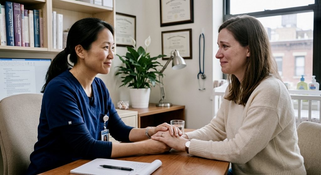 Uma profissional de saúde consultando uma nova mãe sobre depressão puerperal vs baby blues sintomas.
