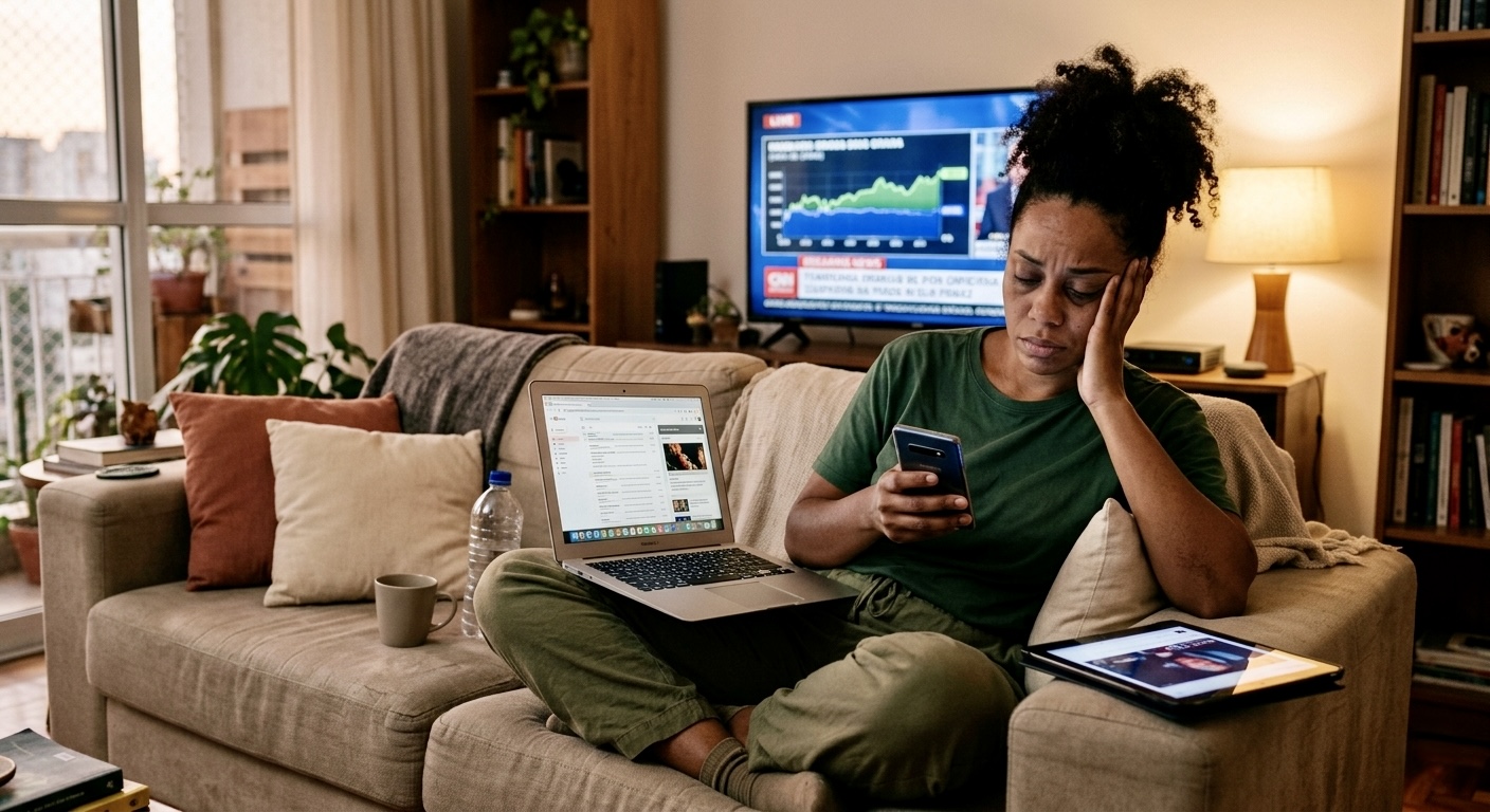 Mulher brasileira cansada cercada de telas, ilustrando os efeitos da desintoxicação digital que funciona e consumo digital excessivo na saúde mental
