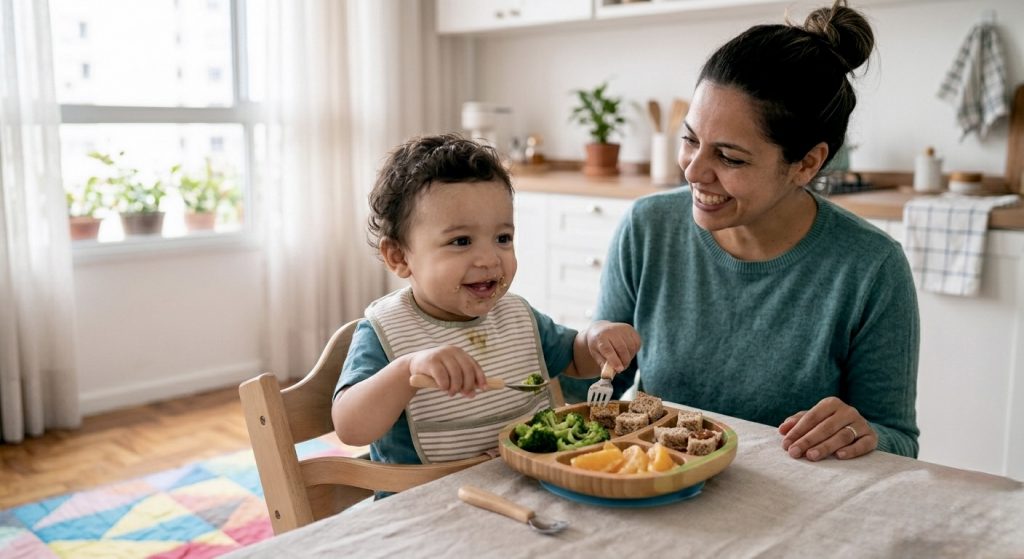  Criança comendo refeição equilibrada como parte da nutrição e higiene nos cuidados infantis para desenvolvimento saudável.