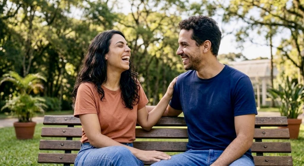 Casal brasileiro conectado e presente um com o outro após adotar um plano de desintoxicação digital que funciona