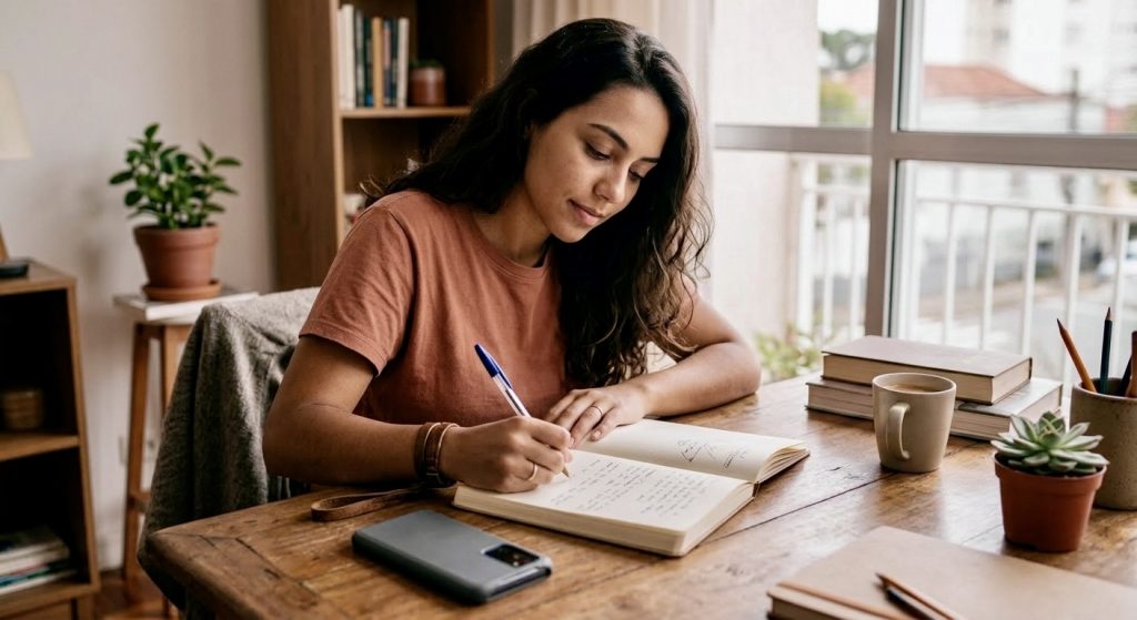 Mulher anotando em caderno de papel como parte de um plano de desintoxicação digital que funciona no dia a dia