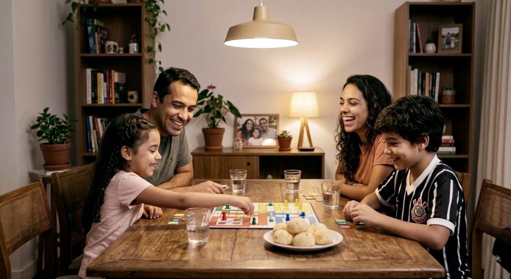 Família brasileira feliz jogando jogo de tabuleiro sem celulares, praticando bem-estar digital para famílias em casa