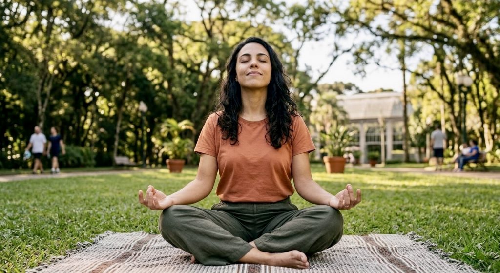 Mulher praticando respiração consciente ao ar livre como estratégia para lidar com os benefícios da desintoxicação digital para saúde mental