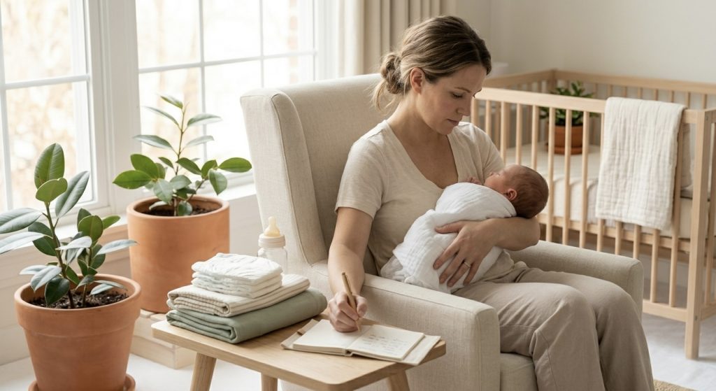 Mãe observando sintomas de alergia ao leite de vaca em bebês enquanto faz anotações no berçário