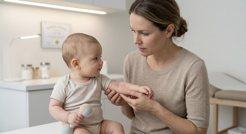 Mãe identificando erupção cutânea como um dos sintomas de alergia ao leite de vaca em bebês
