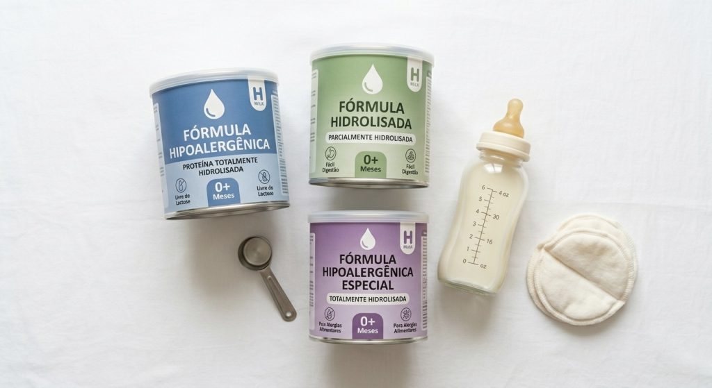 Opções de fórmula para alergia ao leite de vaca incluindo fórmulas hidrolisadas e de aminoácidos