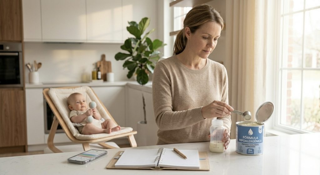 Mãe preparando fórmula hipoalergênica para alergia ao leite de vaca em bebês em casa