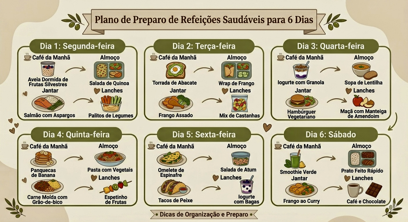 Infográfico do preparo de refeições de 6 dias para pais ocupados com categorias diárias de refeições saudáveis