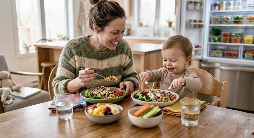 Criança pequena participando do preparo de refeições em família em uma cozinha brasileira