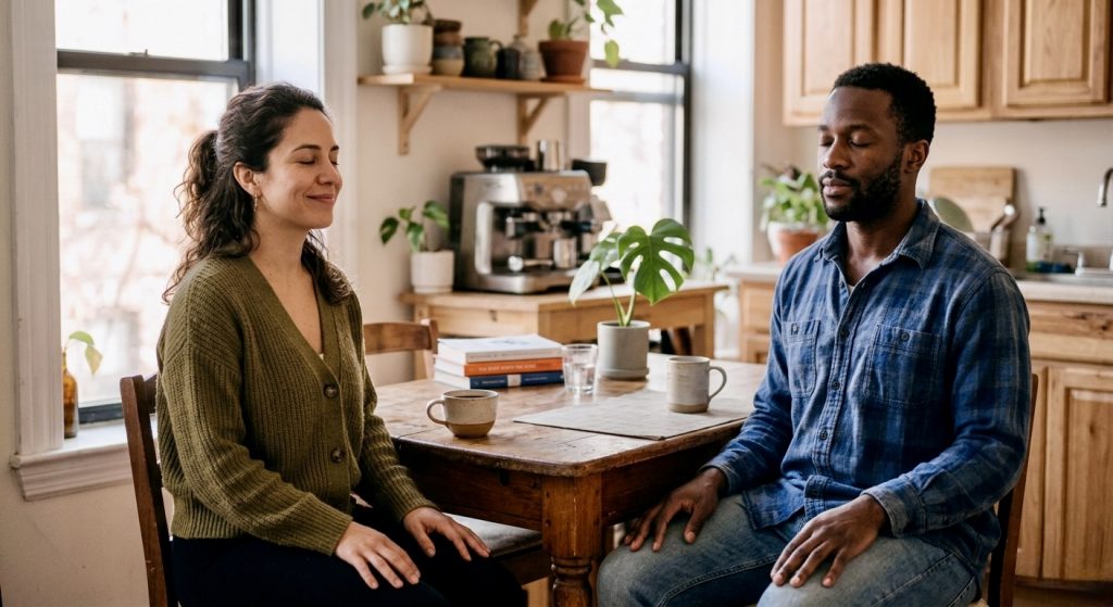 Casal praticando exercícios de alívio da ansiedade para mães e pais juntos em casa