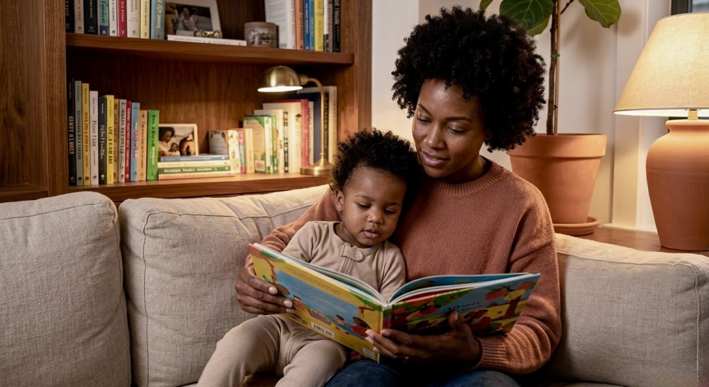 regulação emocional em crianças pequenas - mãe e filho lendo livro de sentimentos