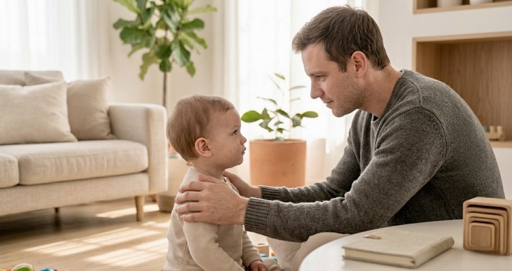 birras em crianças - pai sentado ao nível dos olhos para acalmar a criança