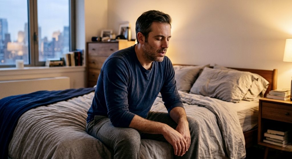 Pai praticando técnicas de respiração rápidas para pais estressados antes de dormir