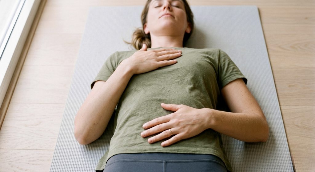 Demonstração de respiração diafragmática, um dos exercícios de respiração para reduzir a ansiedade em pais