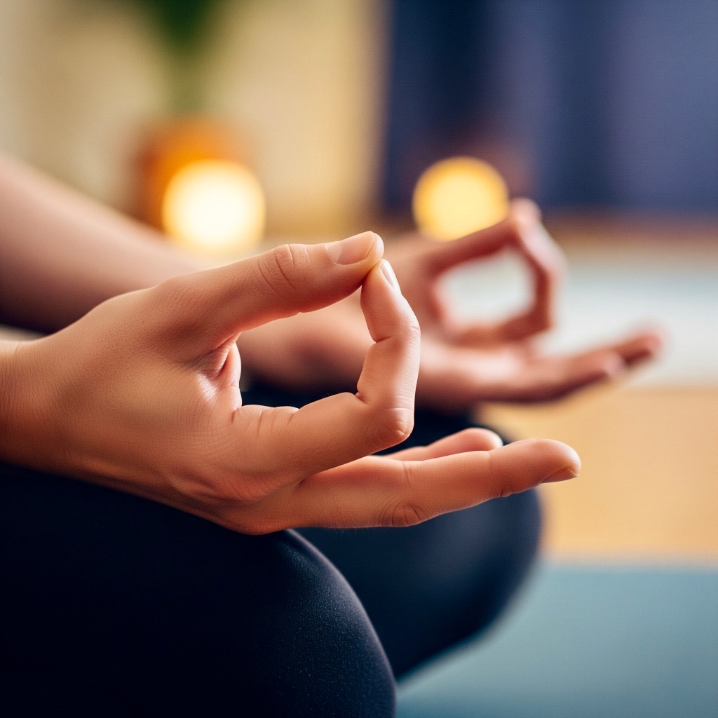 Close-up das mãos em posição de mudra, praticando exercícios respiratórios para pais, visando reduzir a ansiedade.