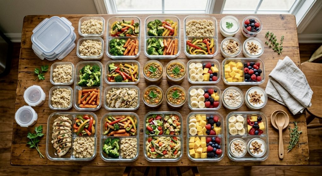 Potes organizados com alimentos saudáveis como parte do preparo de refeições semanal para famílias com bebês