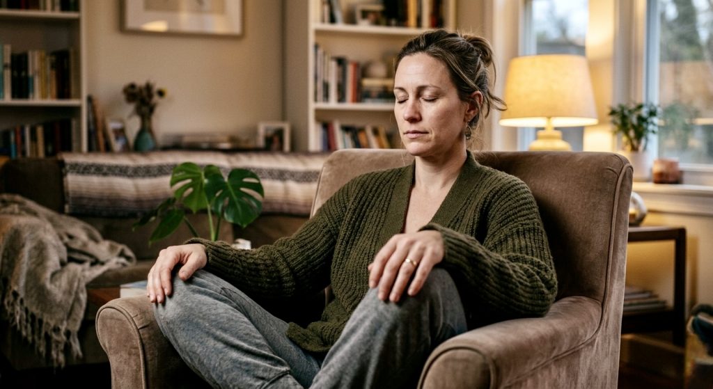 Mãe praticando exercícios de respiração para pais para reduzir a ansiedade em casa