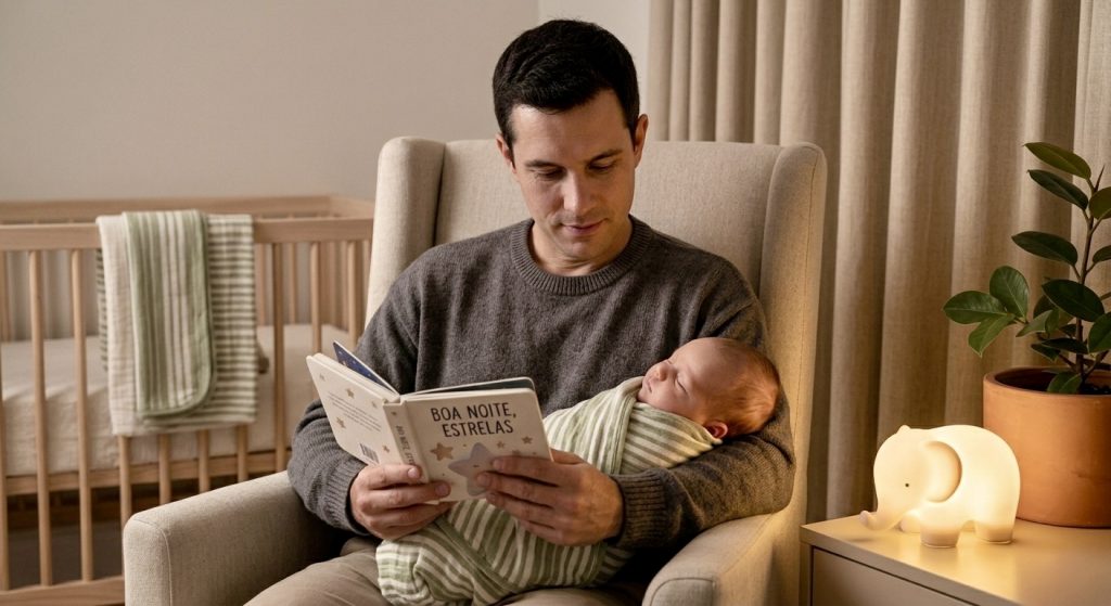 rotina de sono recém-nascido - pai lendo para bebê sonolento como técnica de sono