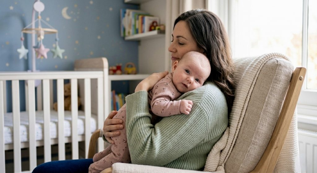 Uma mãe calma segurando seu bebê recém-nascido enquanto aprende sobre os sintomas da disquesia infantil.