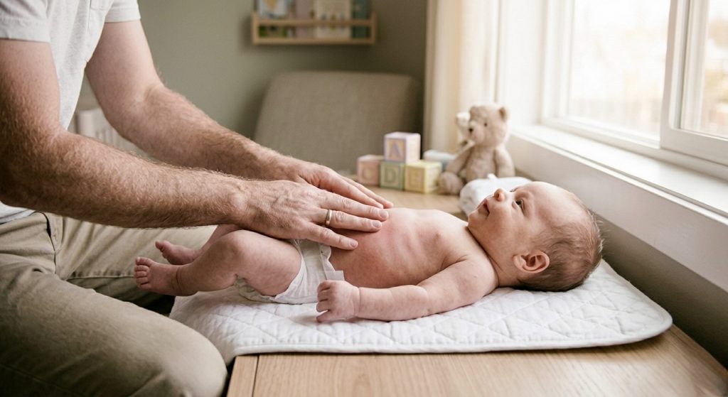 Pai realizando uma massagem suave na barriguinha de um recém-nascido, deitado sobre o trocador, para ajudar com a disquesia infantil.