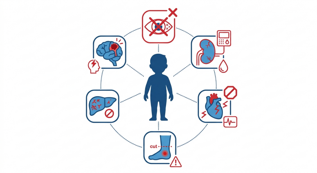 Diabetes em crianças: infográfico ilustrando as complicações a longo prazo do diabetes não controlado, incluindo danos renais, cardiovasculares e neurológicos.