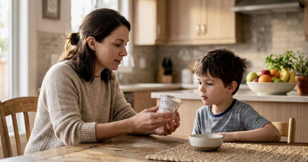 Diabetes em crianças: mãe ensinando filho a ler o rótulo nutricional para identificar açúcares escondidos nos alimentos infantis.