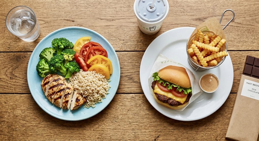Diabetes em crianças: comparação entre refeição saudável e alimento ultraprocessado para conscientização sobre os açúcares escondidos na alimentação infantil.