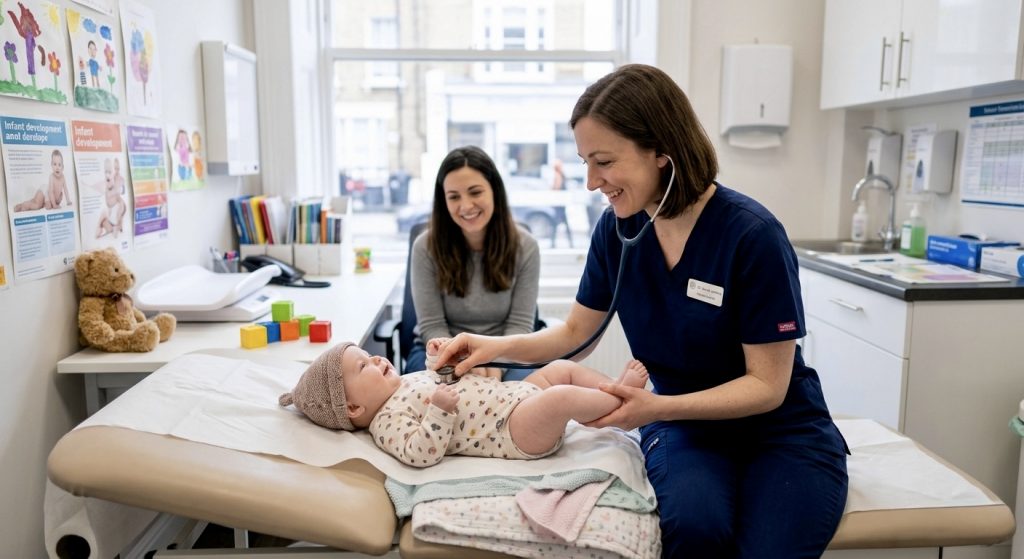 Pediatra examinando um bebê para avaliar a disquesia infantil e descartar outras condições digestivas.