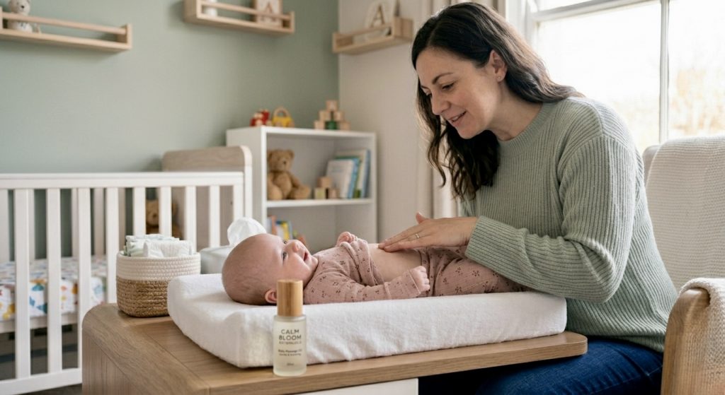 Mãe realizando massagem abdominal no sentido horário para aliviar o desconforto da disquesia infantil.