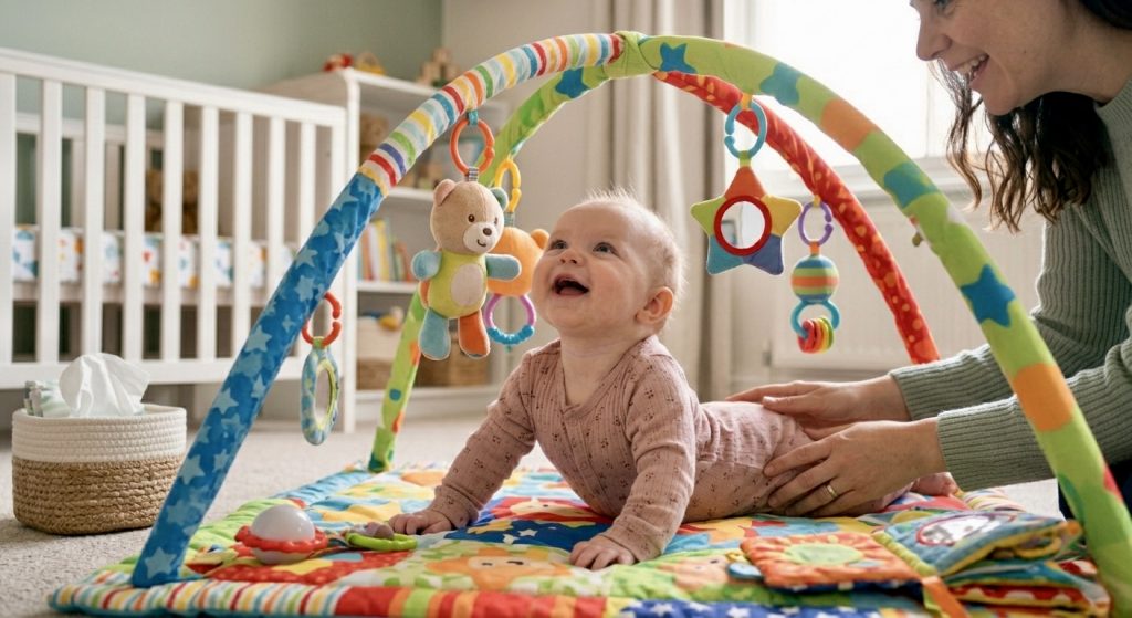 Bebê realizando *tummy time* sob supervisão em um tapete de atividades, uma estratégia comprovada para resolver a disquesia infantil.