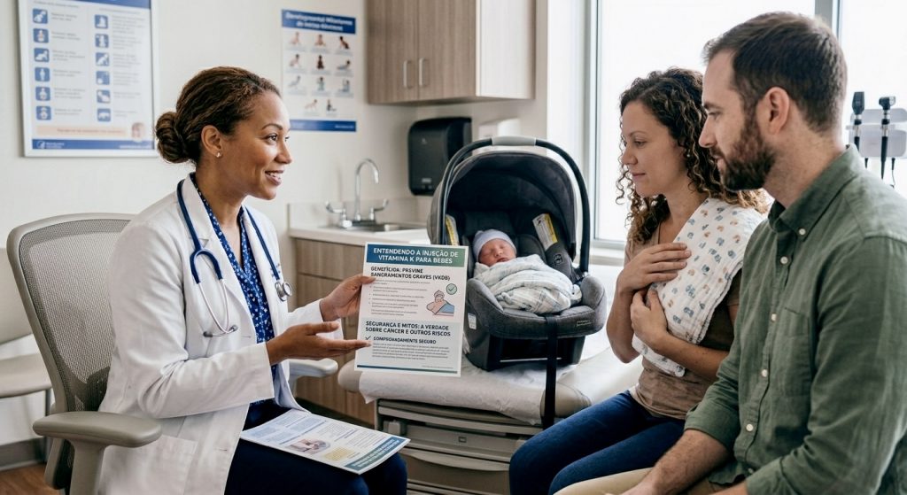 pediatra explicando se a injeção de vitamina K é segura para bebês aos novos pais