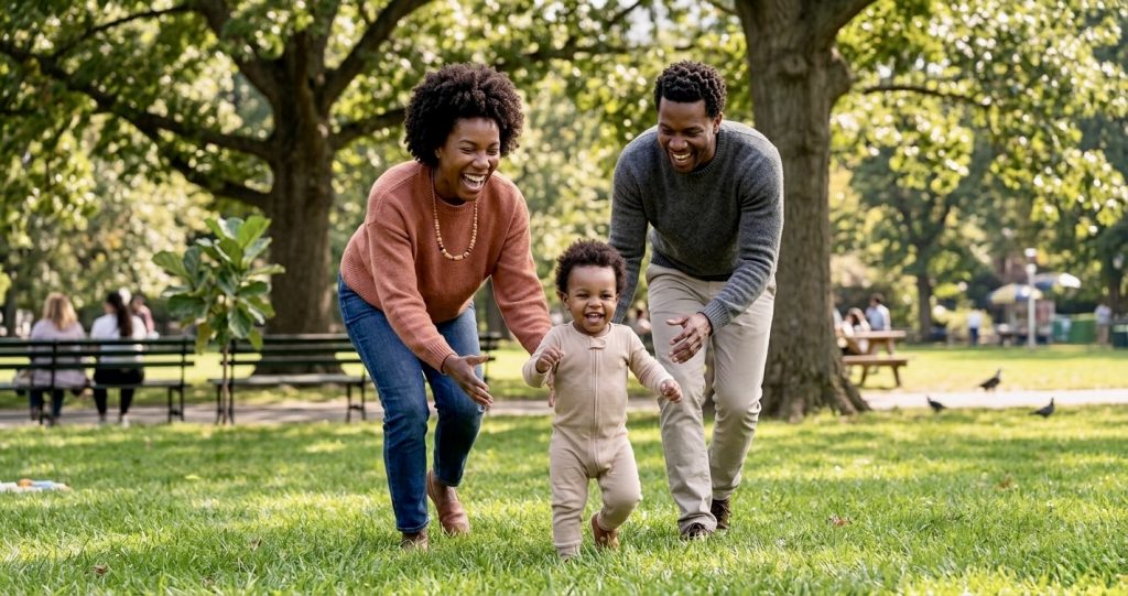 Prevenção do diabetes infantil: família ativa caminhando ao ar livre para melhorar a sensibilidade à insulina e estabelecer hábitos saudáveis.